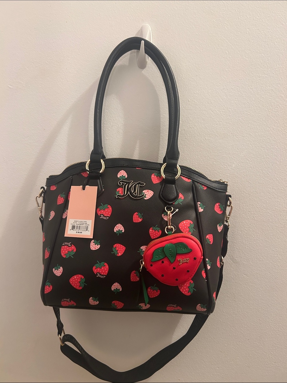 Juicy Couture Black Strawberry Print Satchel with Strawberry Charm
